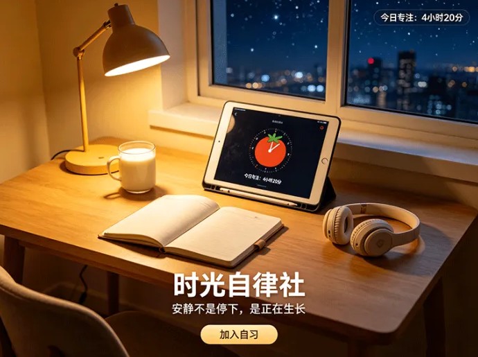 时光自律社：趣味目标打卡与专注番茄钟，新人入驻领专属成长皮肤