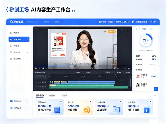 秒创工场,AI做视频加素材任务,创作者积分可换工具额度