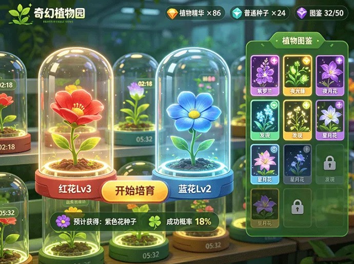 奇幻植物园开放培育模式,尝试不同组合解锁稀有植物
