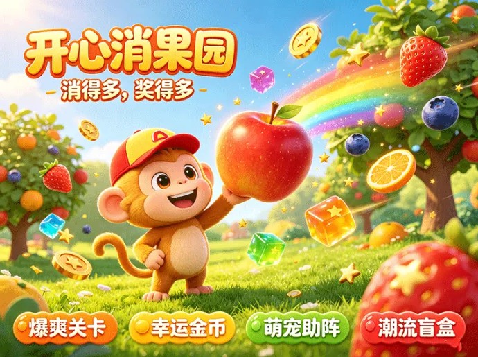 开心消果园三消重磅登场，趣味闯关零门槛上手，限定果盘自由互通抢占开荒新赛道！
