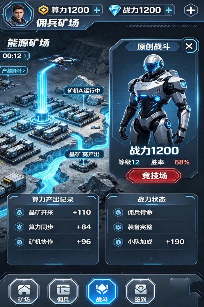 佣兵矿场首码开启,1200算力加1200战力,挖掘和游戏双玩法