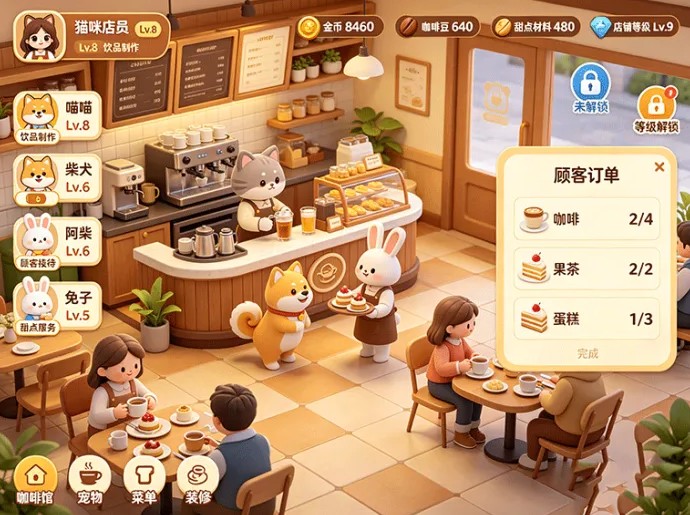 萌宠员工加入咖啡屋,萌宠咖啡屋首码开放,店铺养成玩法上线