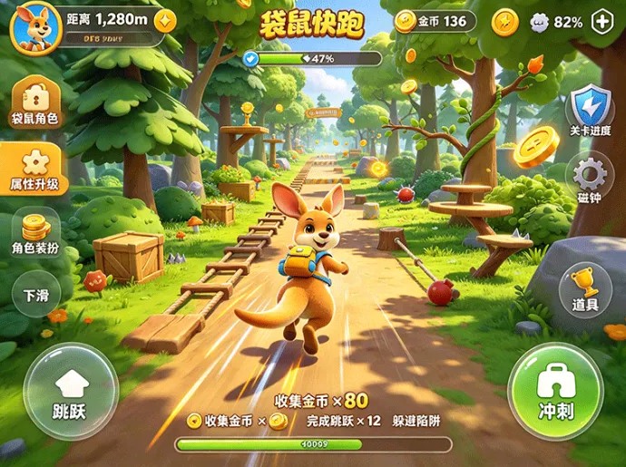 热血跑酷冒险来袭!袋鼠快跑,闯关收集道具与袋鼠养成双线游玩