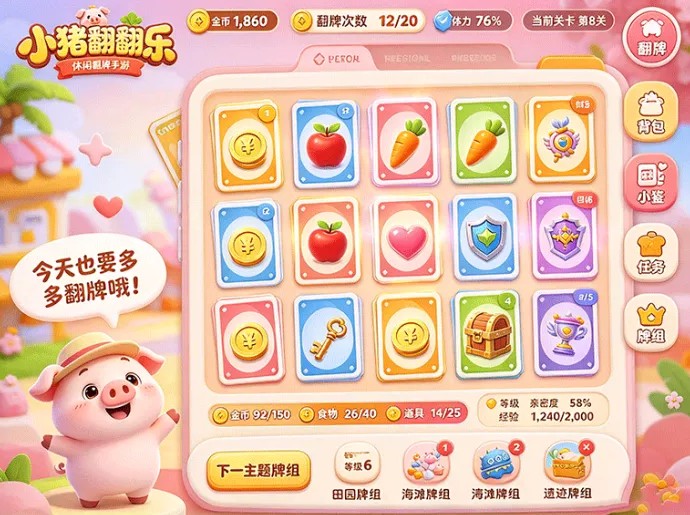 解锁休闲收集新乐趣,小猪翻翻乐翻牌搜寻宝藏,养小猪解锁丰富内容