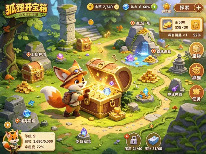 开启开箱寻宝奇遇!狐狸开宝箱,搜寻宝藏与狐狸养成双线游玩