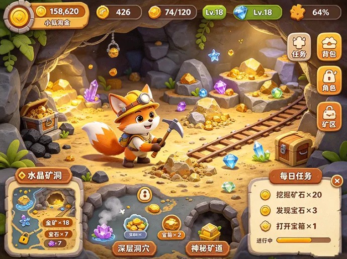 小狐淘金趣味玩法揭晓!任务闯关外出寻宝,开启丰富的资源收集体验