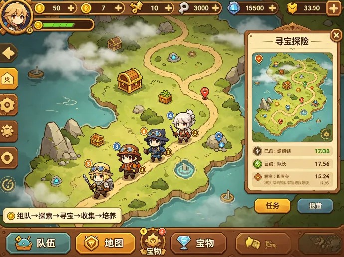 寻宝小分队开启组队寻宝,探索不同地图,沿途还能收集各种宝物