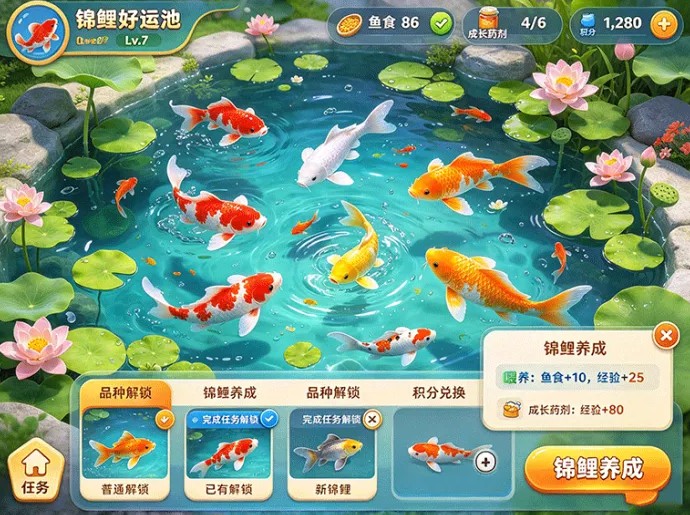 锦鲤好运池:养鱼养成加上任务体系,看看你能收集多少锦鲤