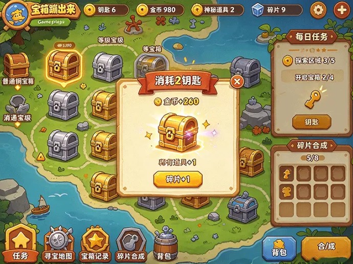 寻宝闯关怎么玩?宝箱蹦出来收集钥匙,在地图当中寻找隐藏宝箱