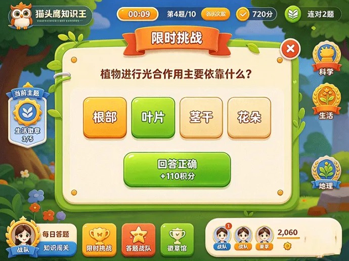 来比拼脑力!猫头鹰知识王答题闯关拿徽章,组队攻克知识关卡