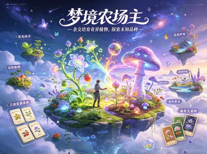 梦境农场主开启奇异种植，培育不同植物，通过杂交解锁全新品种