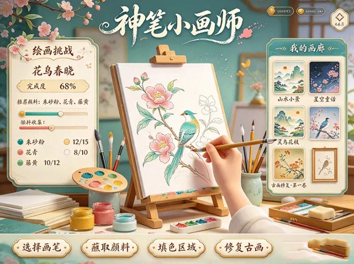 神笔小画师怎么玩出艺术感？临摹创作、古画修复、画具收集，画廊由你打造