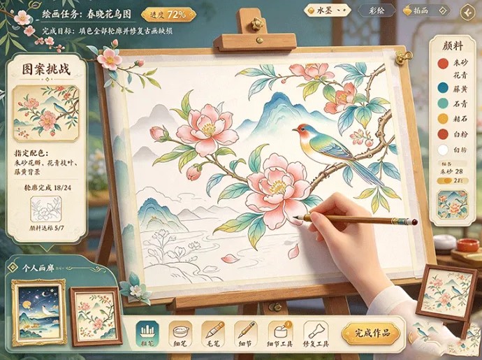 神笔小画师怎么玩出艺术感?临摹创作、古画修复、画具收集,画廊由你打造