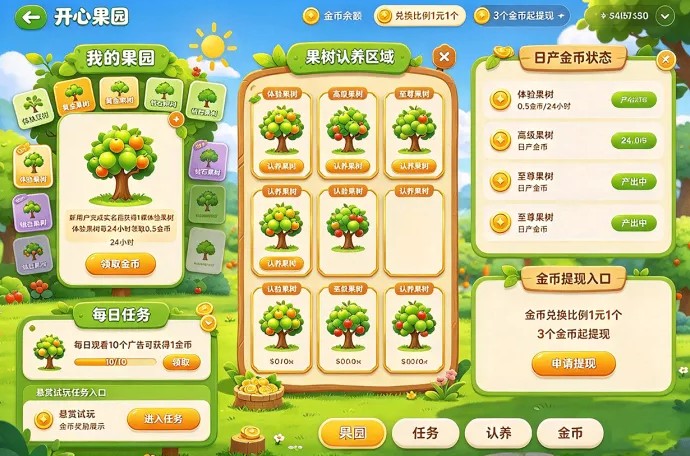 开心果园!体验果树免费领,看广告、做试玩任务!