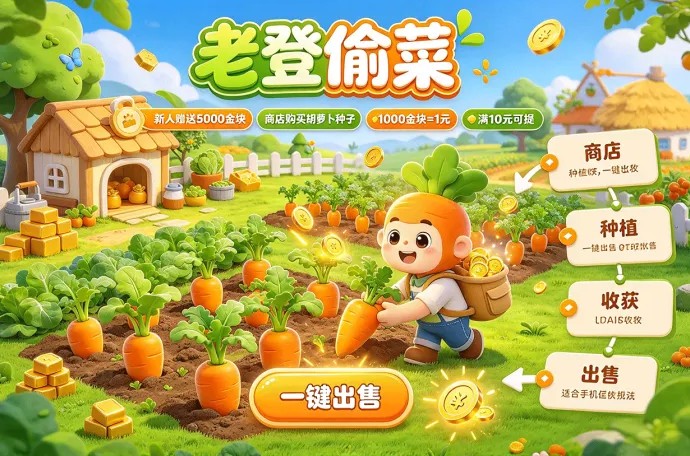 老登偷菜上线体验，赠5000金块，种胡萝卜收菜后一键出售