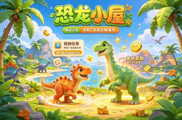 恐龙小屋合成升级搭配广告任务，单条广告5块