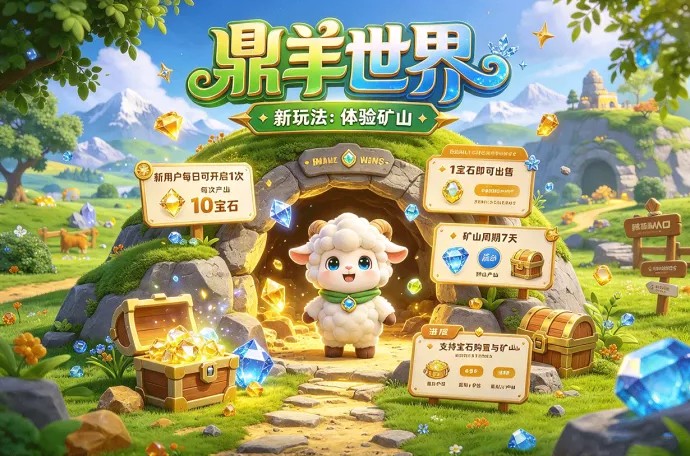 鼎羊世界新增体验矿山玩法，新用户每日领10宝石，7天周期开启