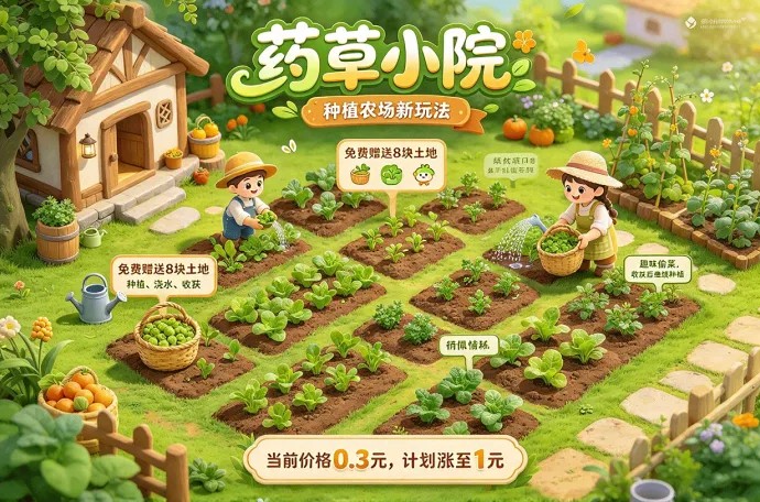 药草小院种植玩法上线，免费送8块地，种菜浇水还能体验偷菜