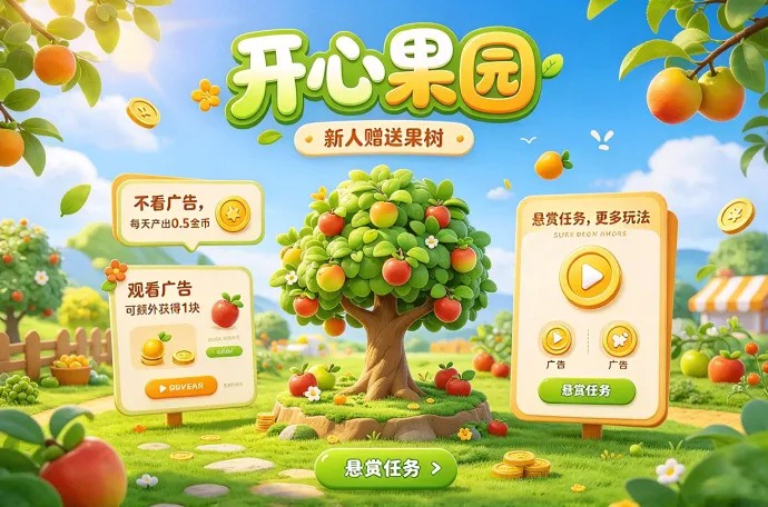 开心果园怎么玩？免广告领取果树，每天产0.5金，还有额外任务可做