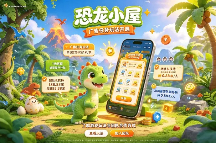  恐龙小屋开启广告任务玩法，1米起提，团队扶持同步推出！