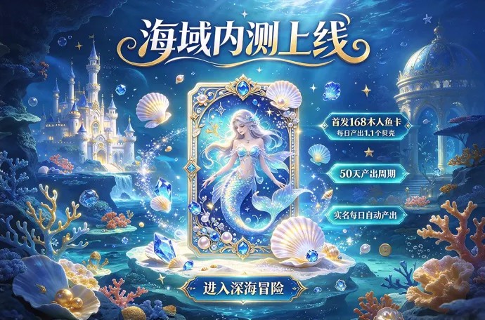 海域开启内测！人鱼卡每日产贝壳，50天周期还有实名产出玩法！