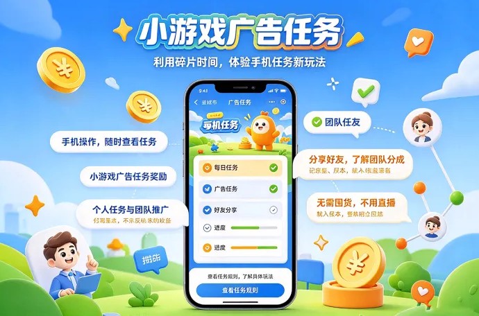 小游戏广告任务怎么玩？手机完成任务拿奖励，分享好友还能拓展团队收溢