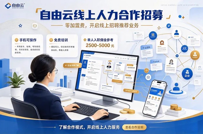 自由云线上人力招募合作伙伴！零加盟费，招聘推荐成功可拿分润！