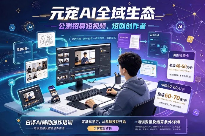 元宠AI公测招募创作者！短视频、短剧内容培训开启，单条创作报酬40-70