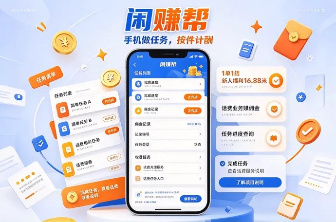闲赚帮主打手机做任务！按件计酬、单单结算，新人还有16.88米福利