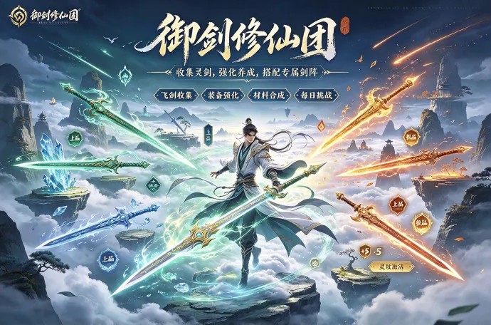 《御剑修仙团》飞剑不止用来御空！收集不同品质飞剑，强化合成搭配技能，挑战任务提升战力