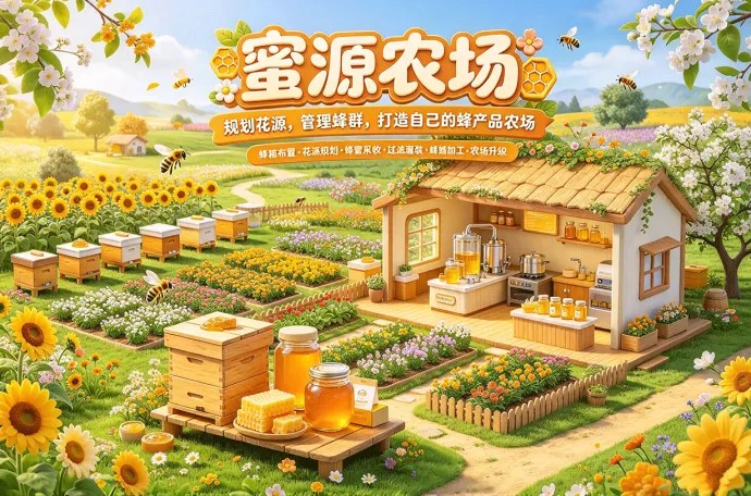 蜜源农场开启蜂蜜生意！安排花源、照料蜂箱，再把采收的蜂蜜加工包装成产品！
