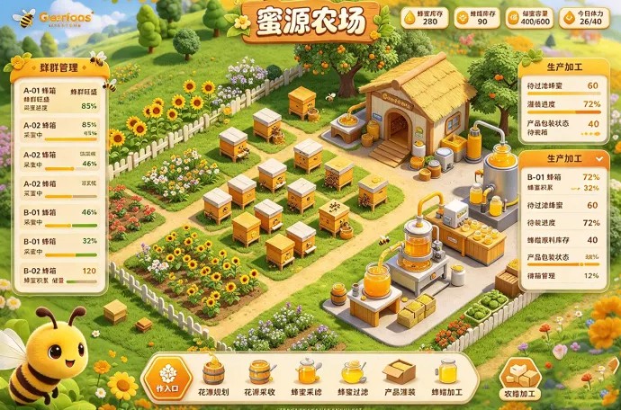 蜜源农场开启蜂蜜生意!安排花源、照料蜂箱,再把采收的蜂蜜加工包装成产品!