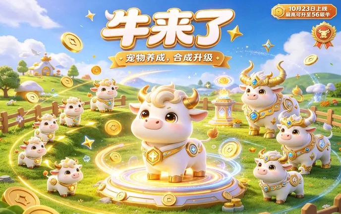 牛来了宠物合成玩法！从1级牛开始养成，牛豆可升级！